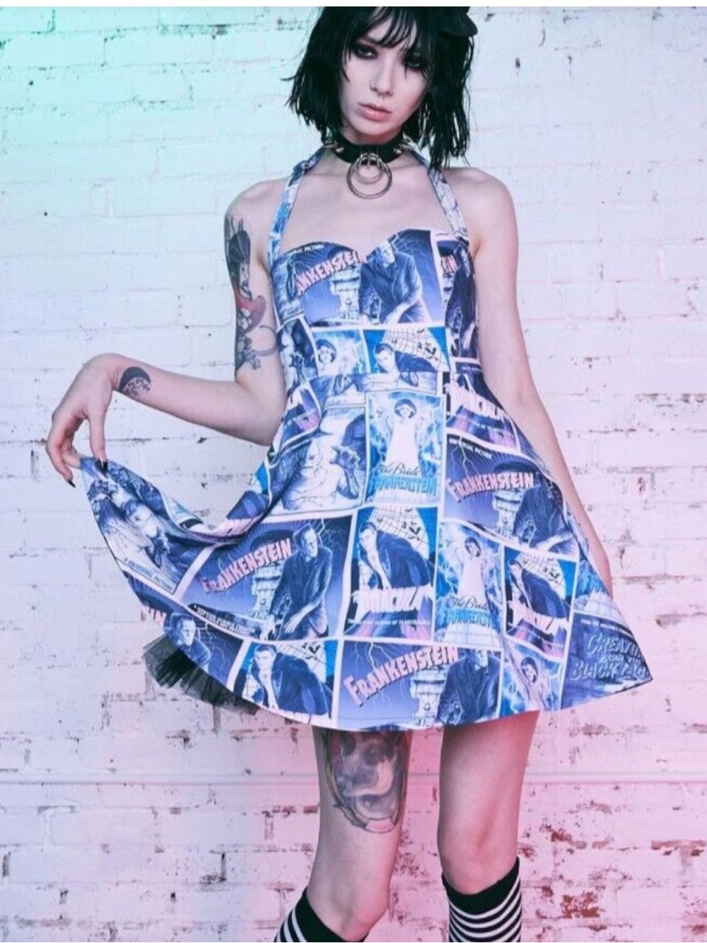 Dolls Kill Blue Frankenstein Comic Halter Skater Dress